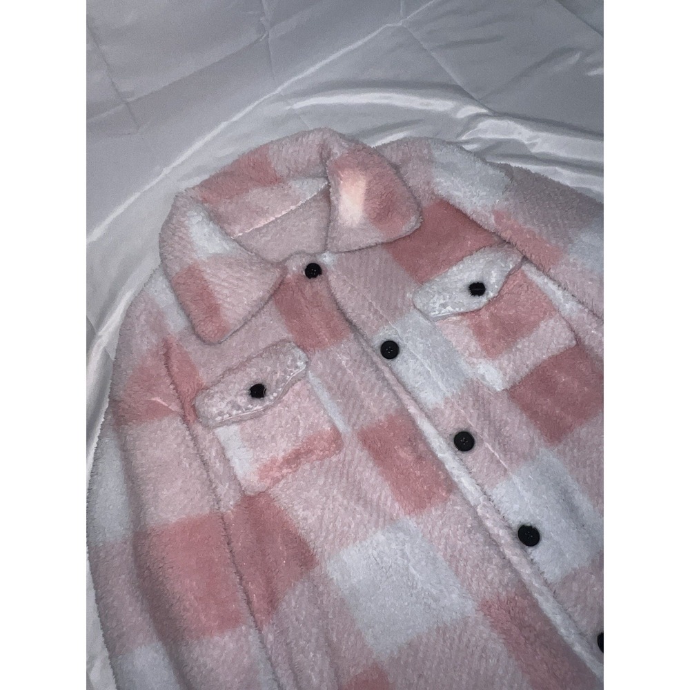 Shein Teddy Coat Pink White Size Large Women's Button Up Jacket Pockets Warm